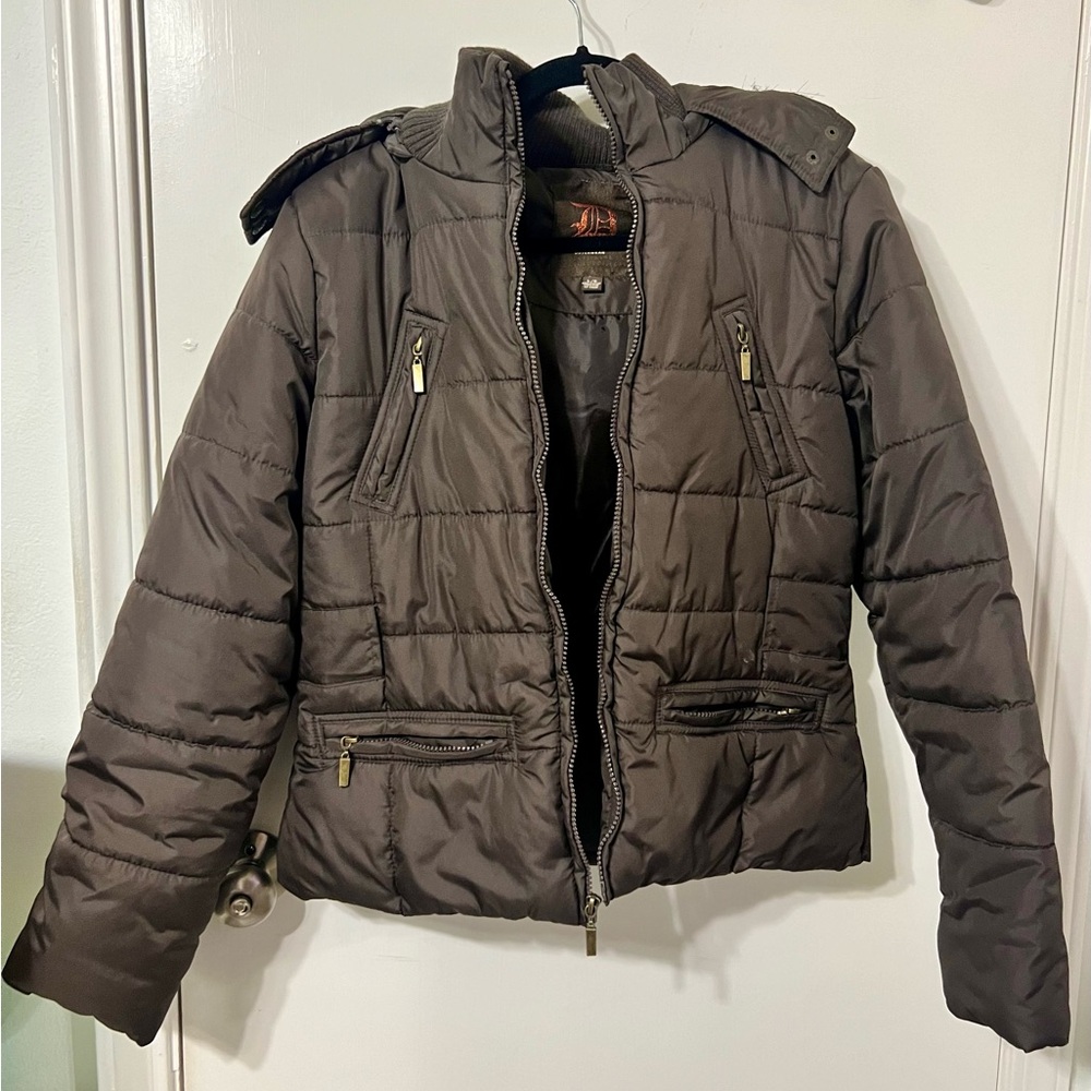 DOLLHOUSE Outerwear Brown Puffer Jacket with Fur Hood